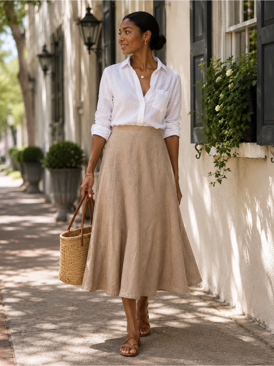 Talbots Dresses & Skirts - Talbots Petites Irish Linen Midi Skirt Tan A-Line Full Sweep Side Zip Size 2 VTG